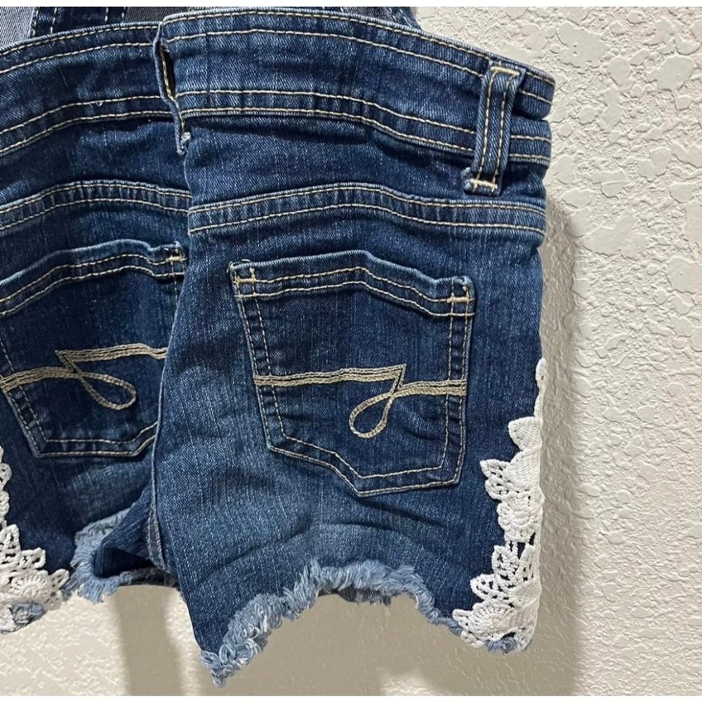 Jordache Dark Enzyme Wash Floral Crochet Denim Shortall Overall Shorts - Picture 8 of 10
